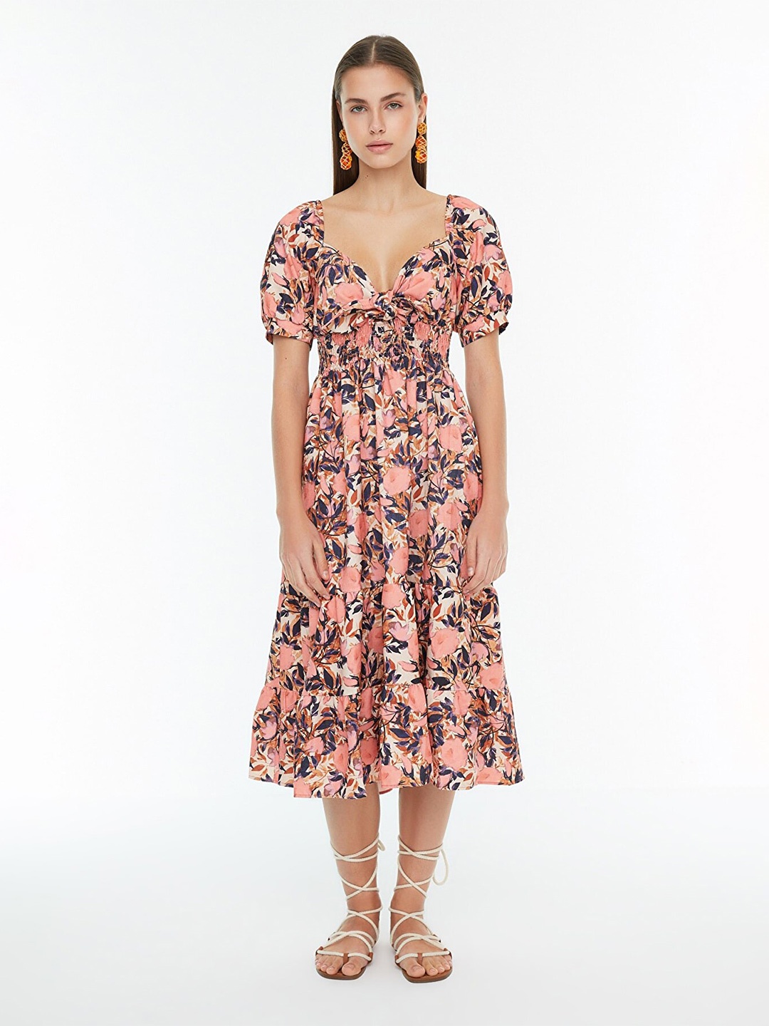 

Trendyol Floral Printed Sweetheart Neck Puff Sleeves Midi Fit & Flare Dress, Peach