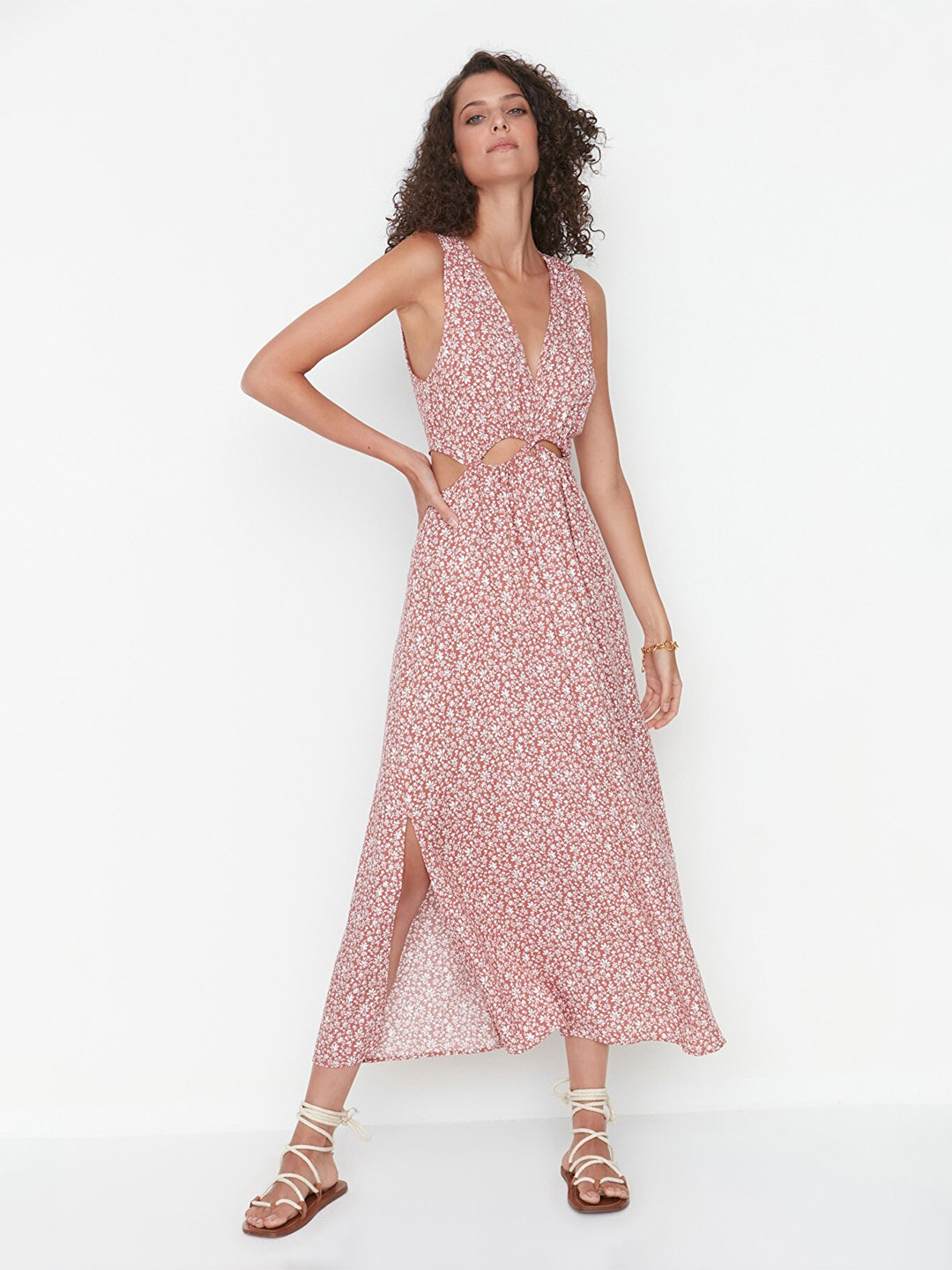 

Trendyol Floral Printed V-Neck Fit & Flare Maxi Dress, Rust