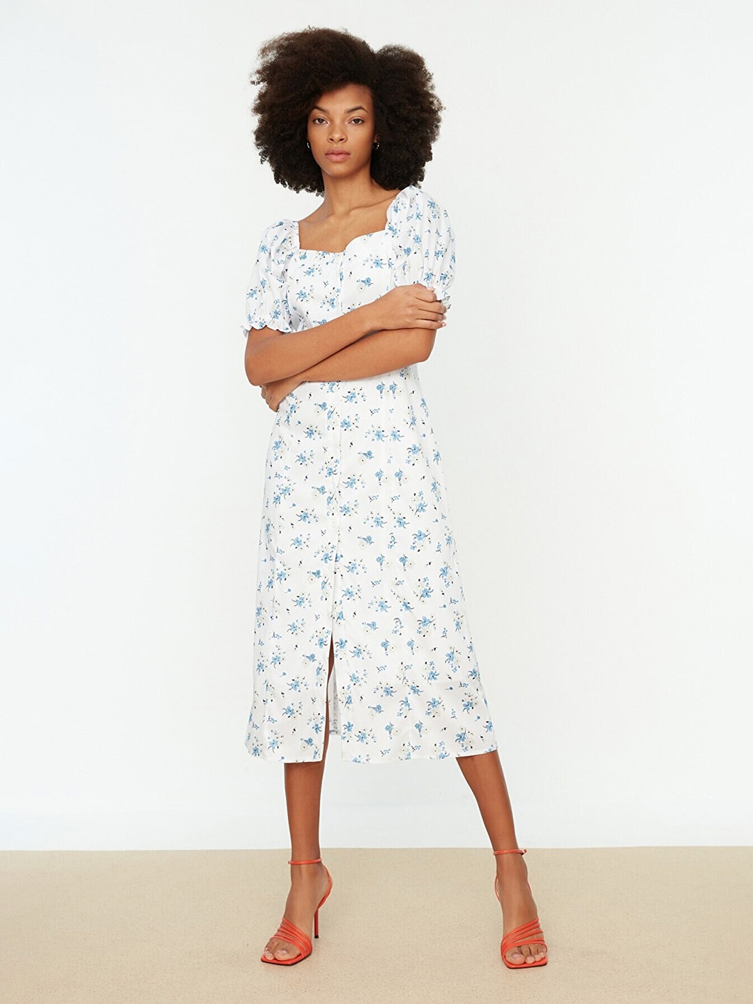 

Trendyol Floral Printed Square Neck A-Line Midi Dress, White