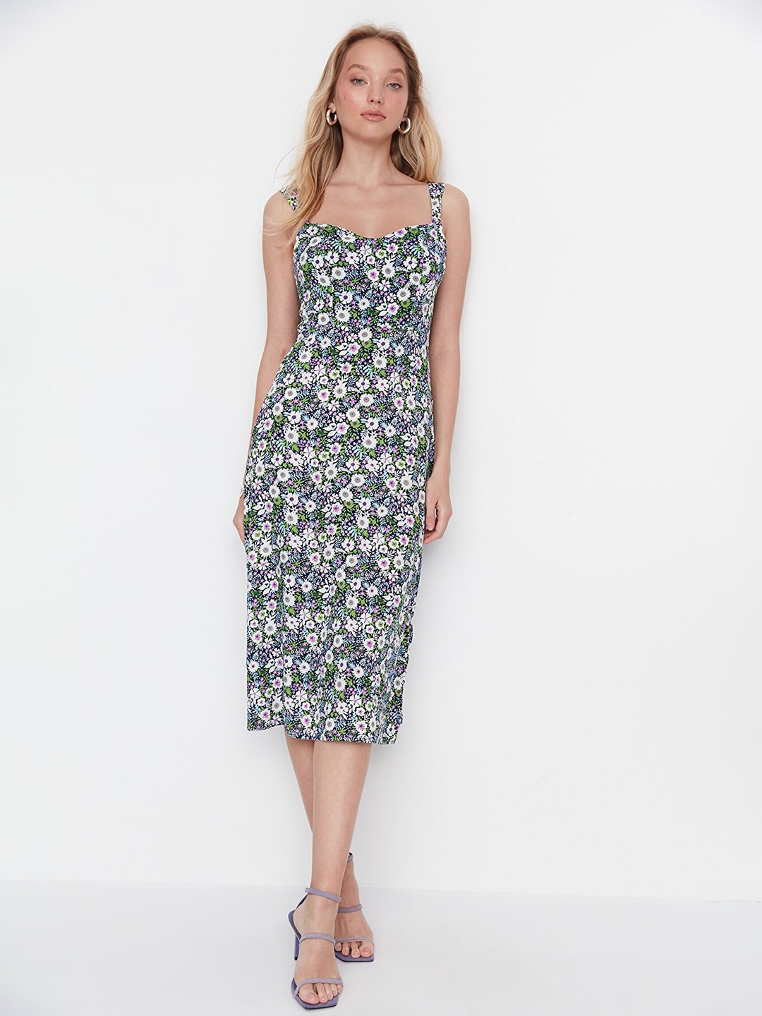 

Trendyol Floral Sheath Midi Dress, Navy blue