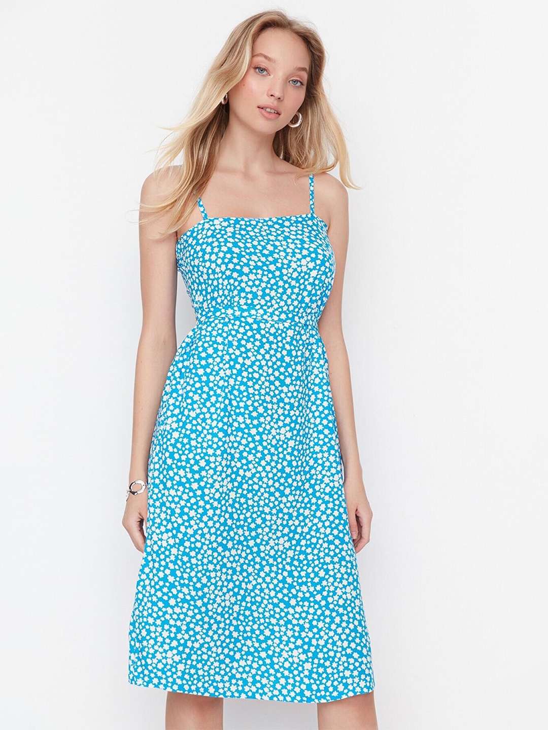 

Trendyol Shoulder Straps Floral Fit & Flare Dress, Blue