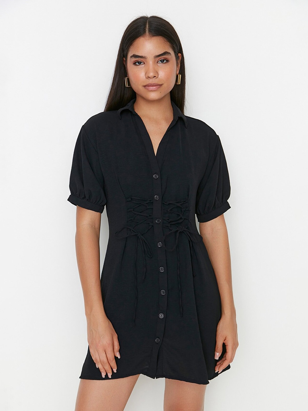 

Trendyol Shirt Collar Fit and Flare Dress, Black