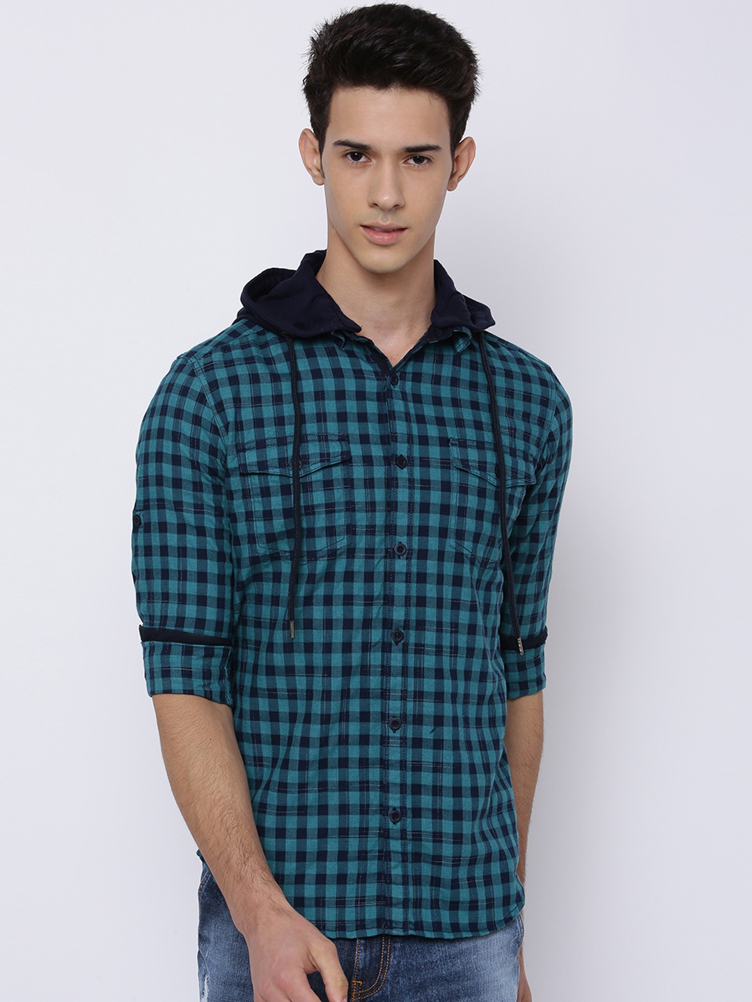 

LOCOMOTIVE Men Teal Blue Slim Hooded Checked Casual Shirt