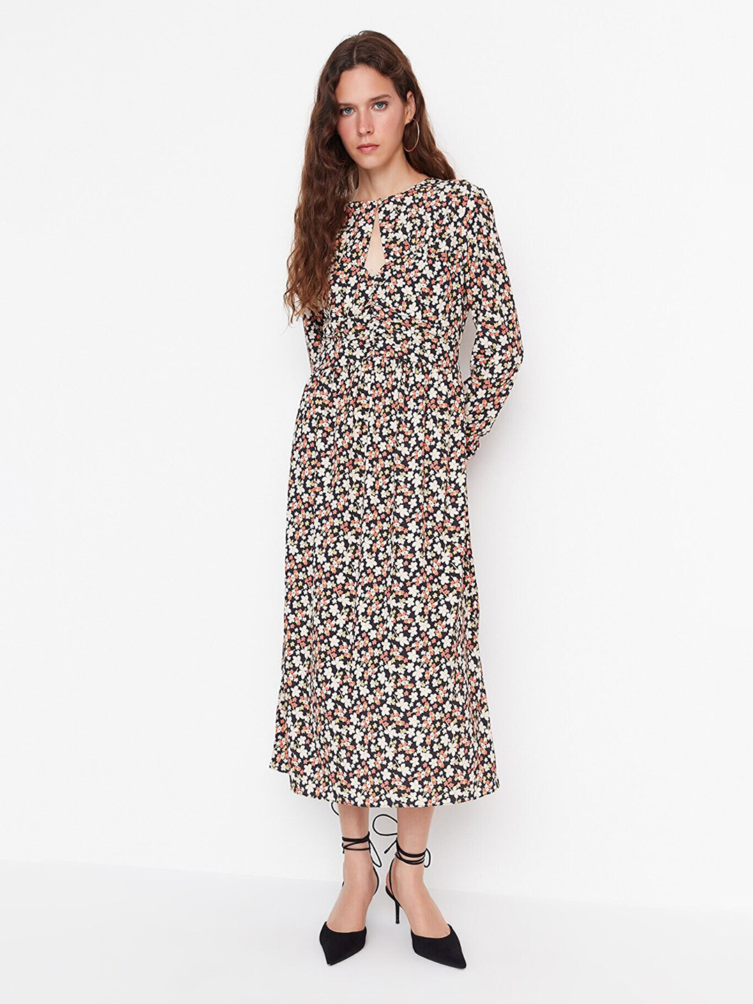 

Trendyol Floral Printed Keyhole Neck Midi Fit & Flare Dress, Black