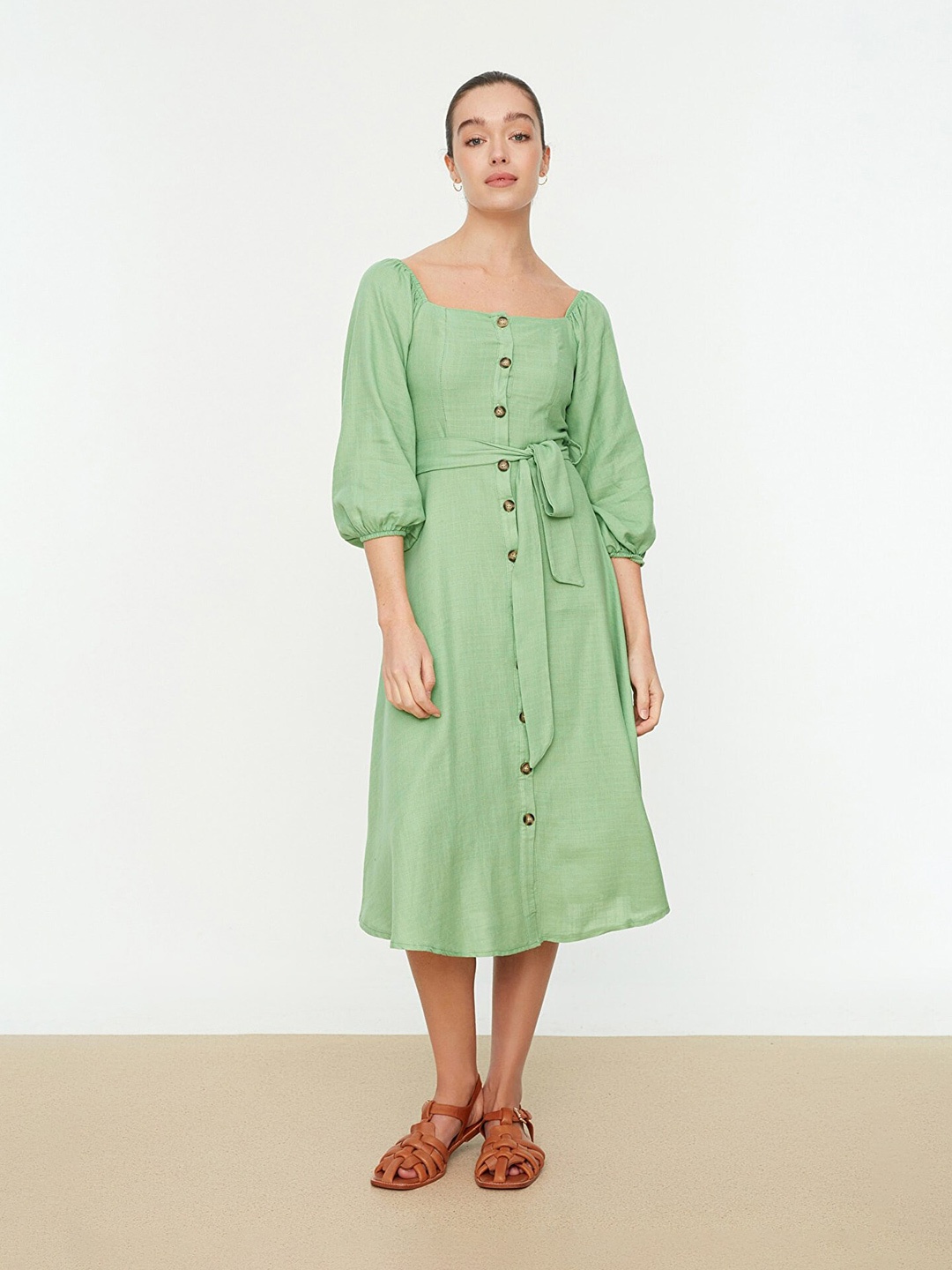 

Trendyol Puff Sleeves Belted A-Line Midi Dress, Green