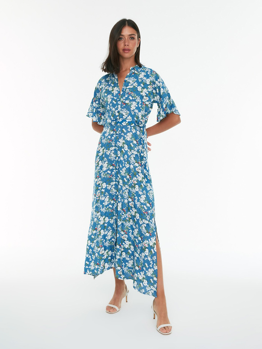 

Trendyol Floral Printed Mandarin Collar Fit & Flare Maxi Dress, Navy blue