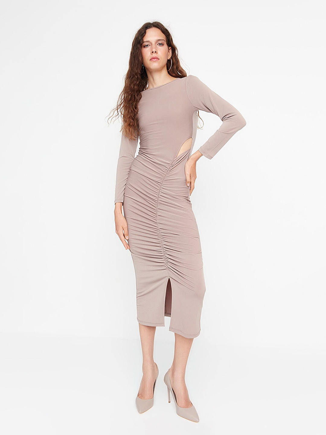 

Trendyol Boat Neck Sheath Midi Dress, Brown