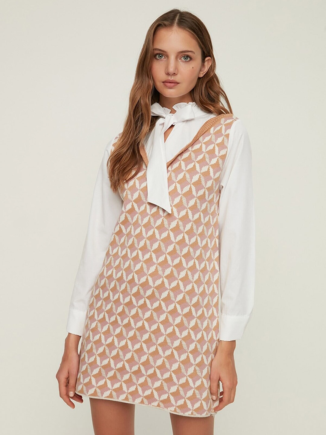 

Trendyol Tie-Up Neck A-Line Mini Dress, Camel brown