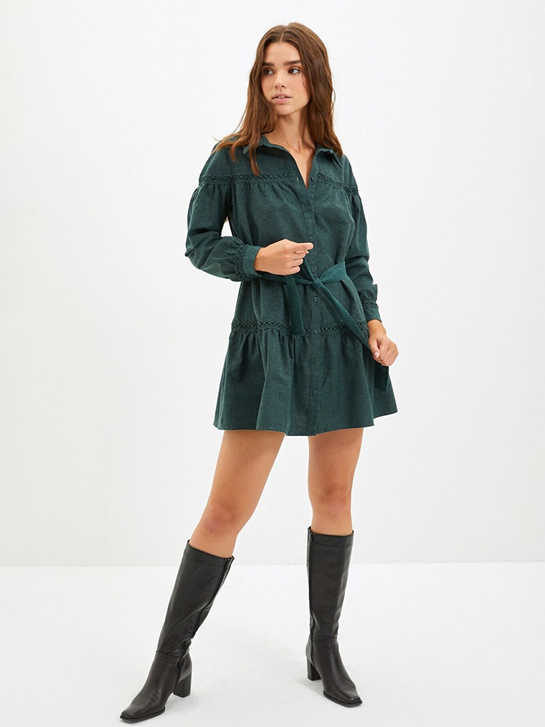 

Trendyol Belted Cuffed Sleeves Mini Shirt Dress, Green