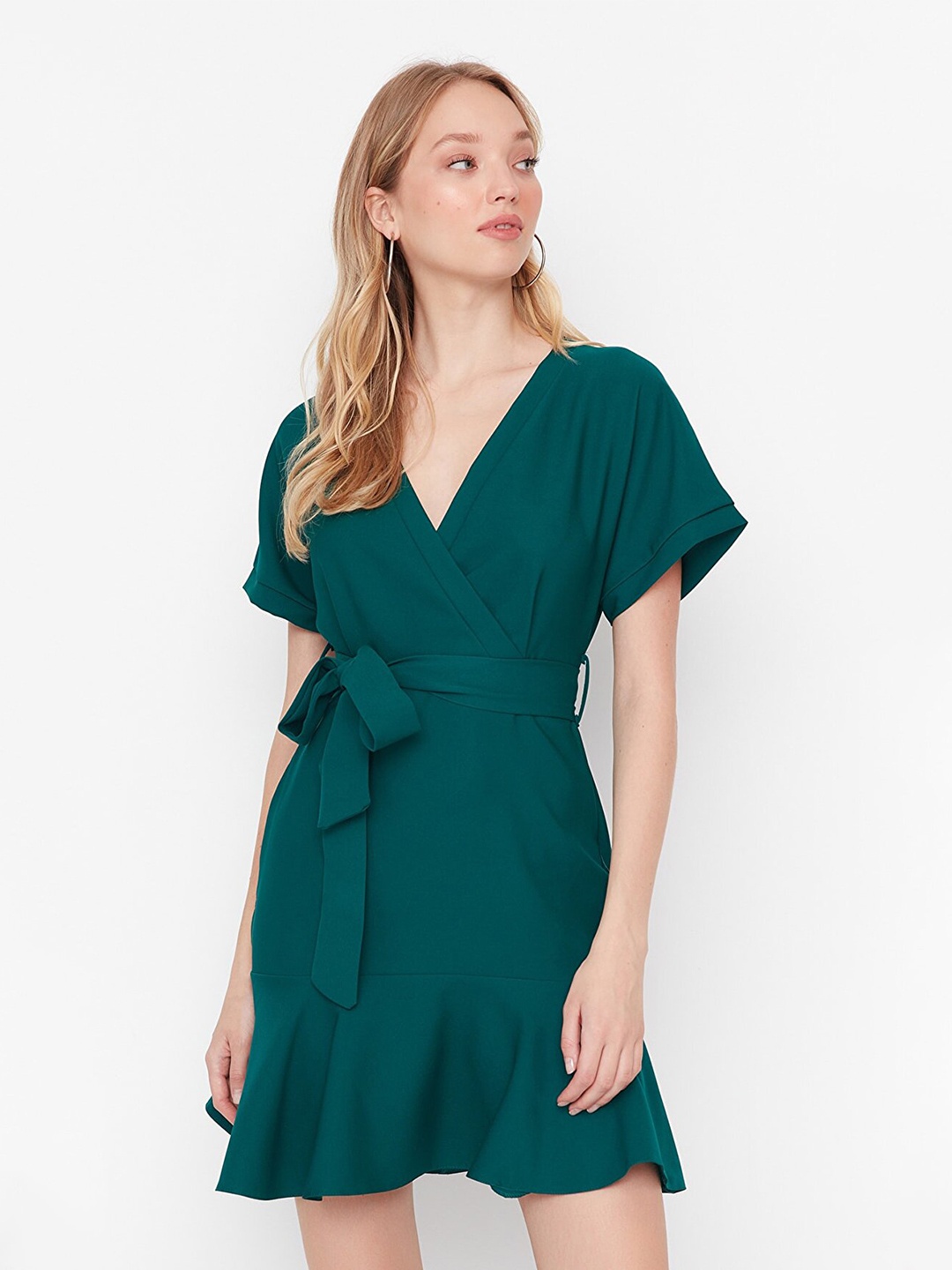 

Trendyol Tie-Up Detailed Extended Sleeves Wrap Mini Dress, Green