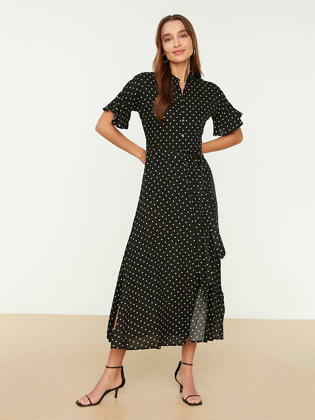 

Trendyol Polka Dots Printed Belted Bell Sleeves Shirt Maxi Dress, Black