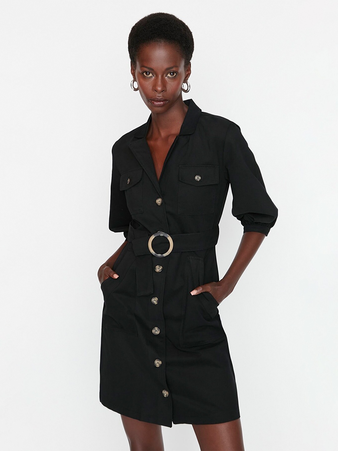 

Trendyol Lapel Collar Shirt Pure Cotton Dress, Black