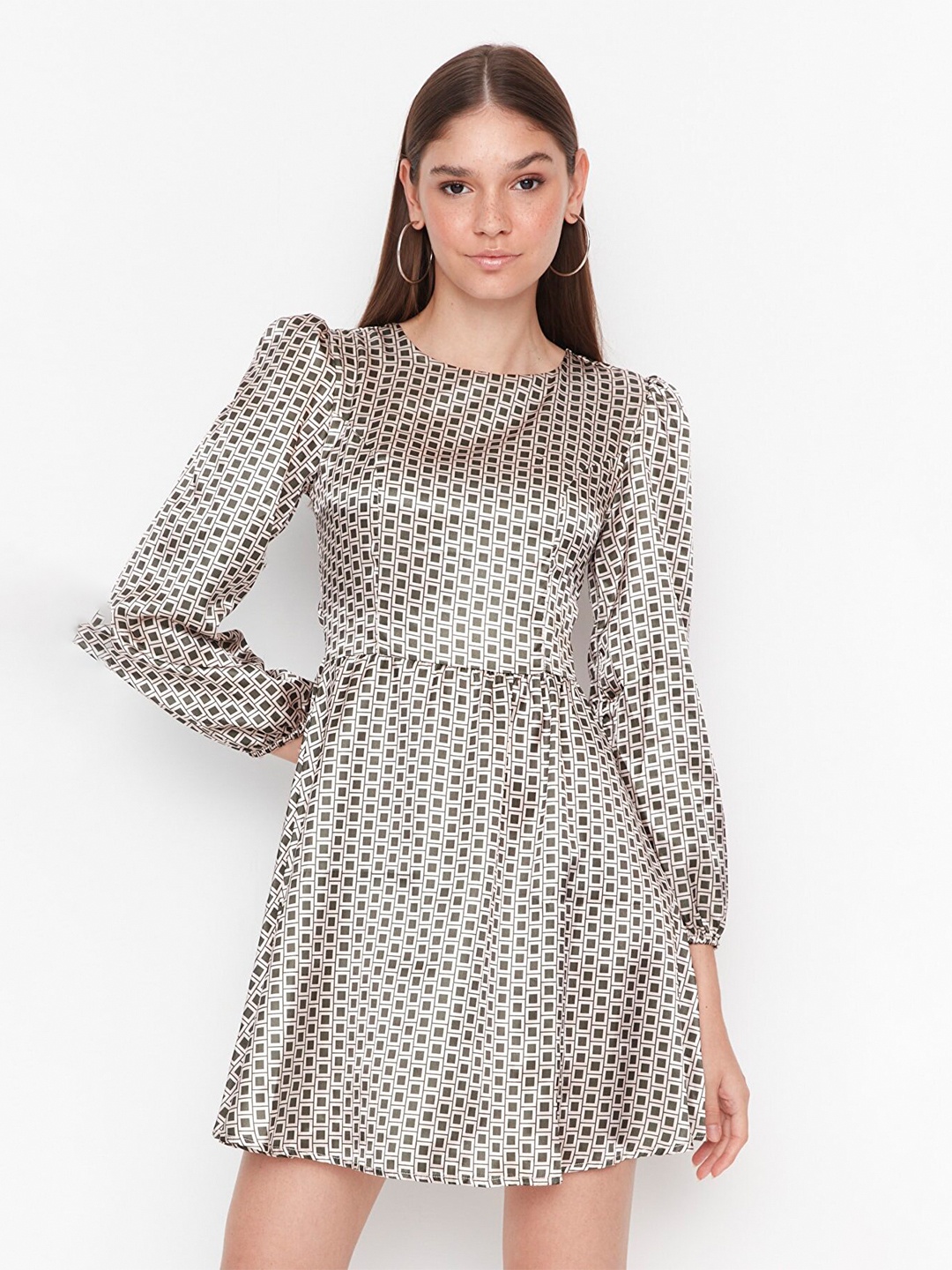 

Trendyol Geometric Printed Puff Sleeves Fit & Flare Dress, Cream