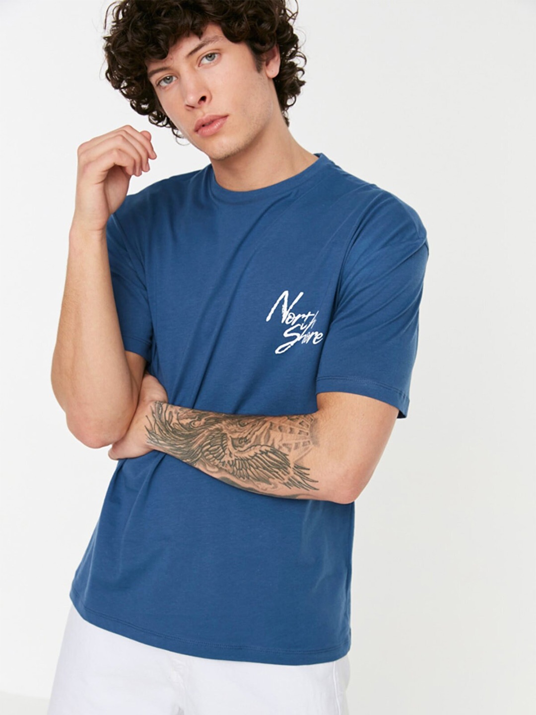 

Trendyol Men Typography Printed Pure Cotton T-shirt, Blue