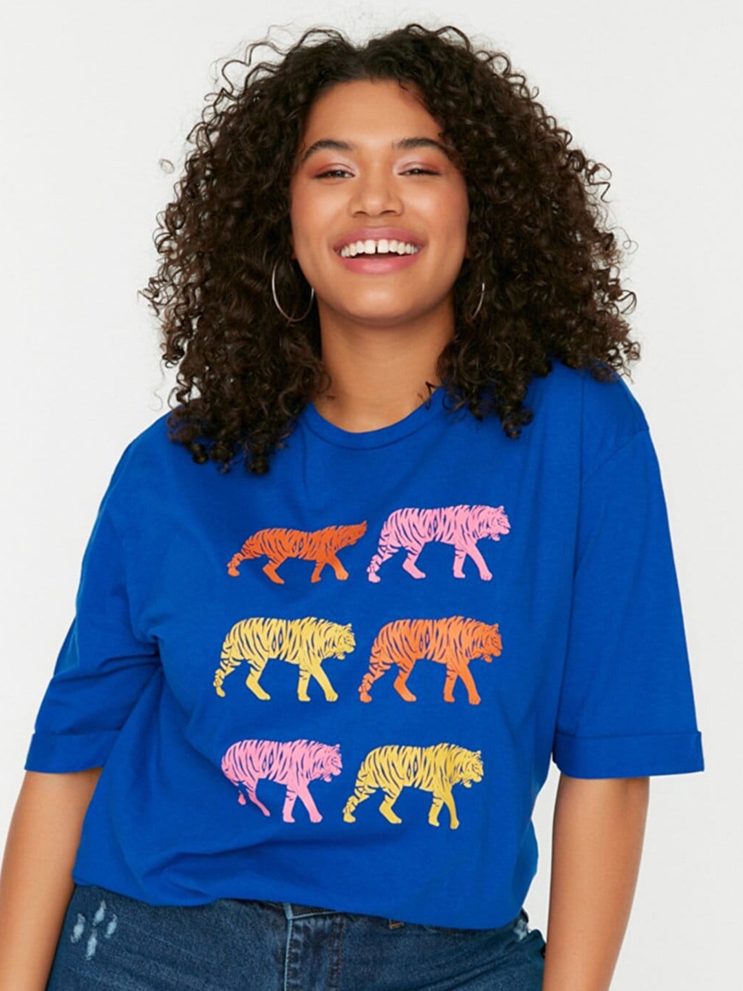 Trendyol Women Printed Pure Cotton T-shirt, Blue