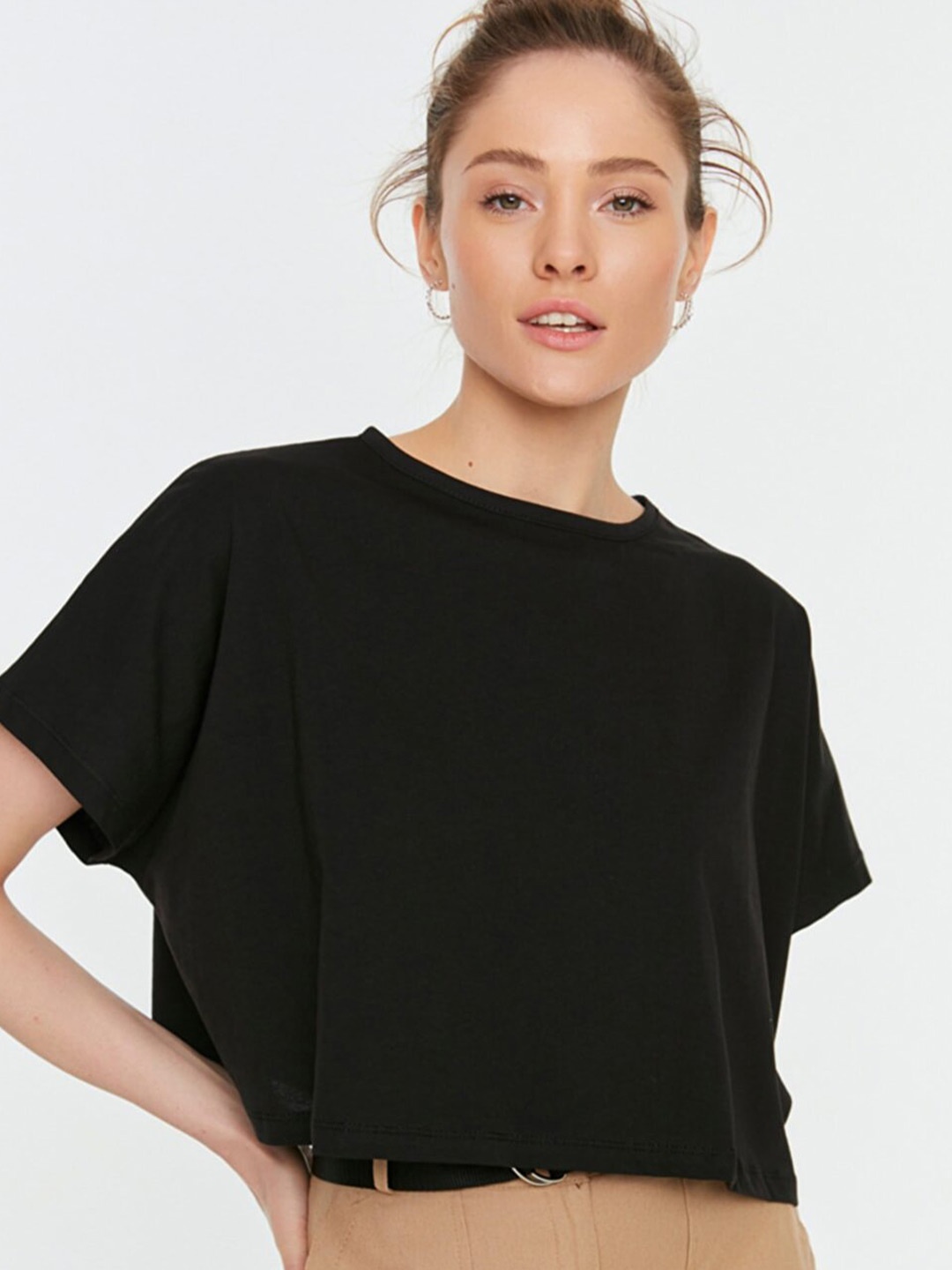 

Trendyol Women Extended Sleeves Boxy Pure Cotton T-shirt, Black
