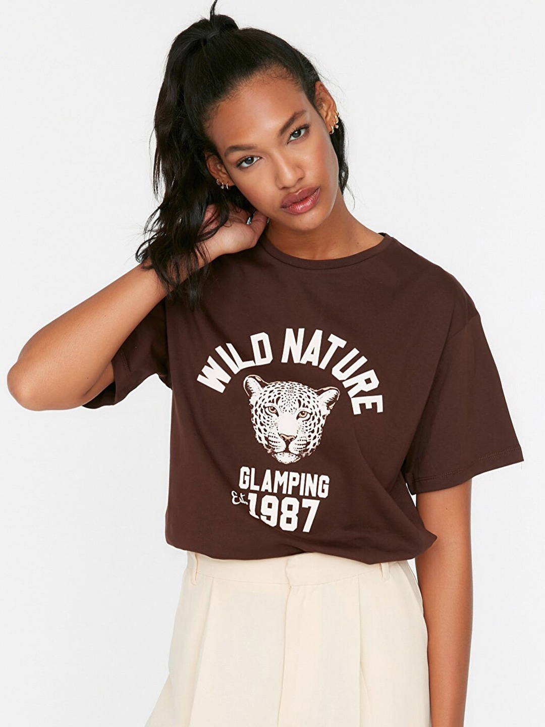 

Trendyol Women Typography Printed Pure Cotton T-shirt, Brown