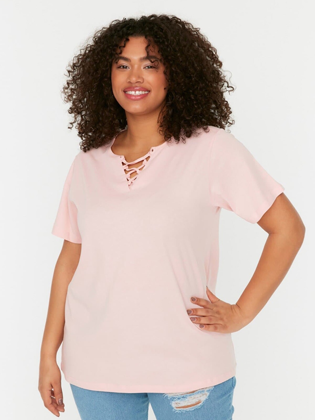 

Trendyol Plus Size Tie-Up Neck Top, Pink