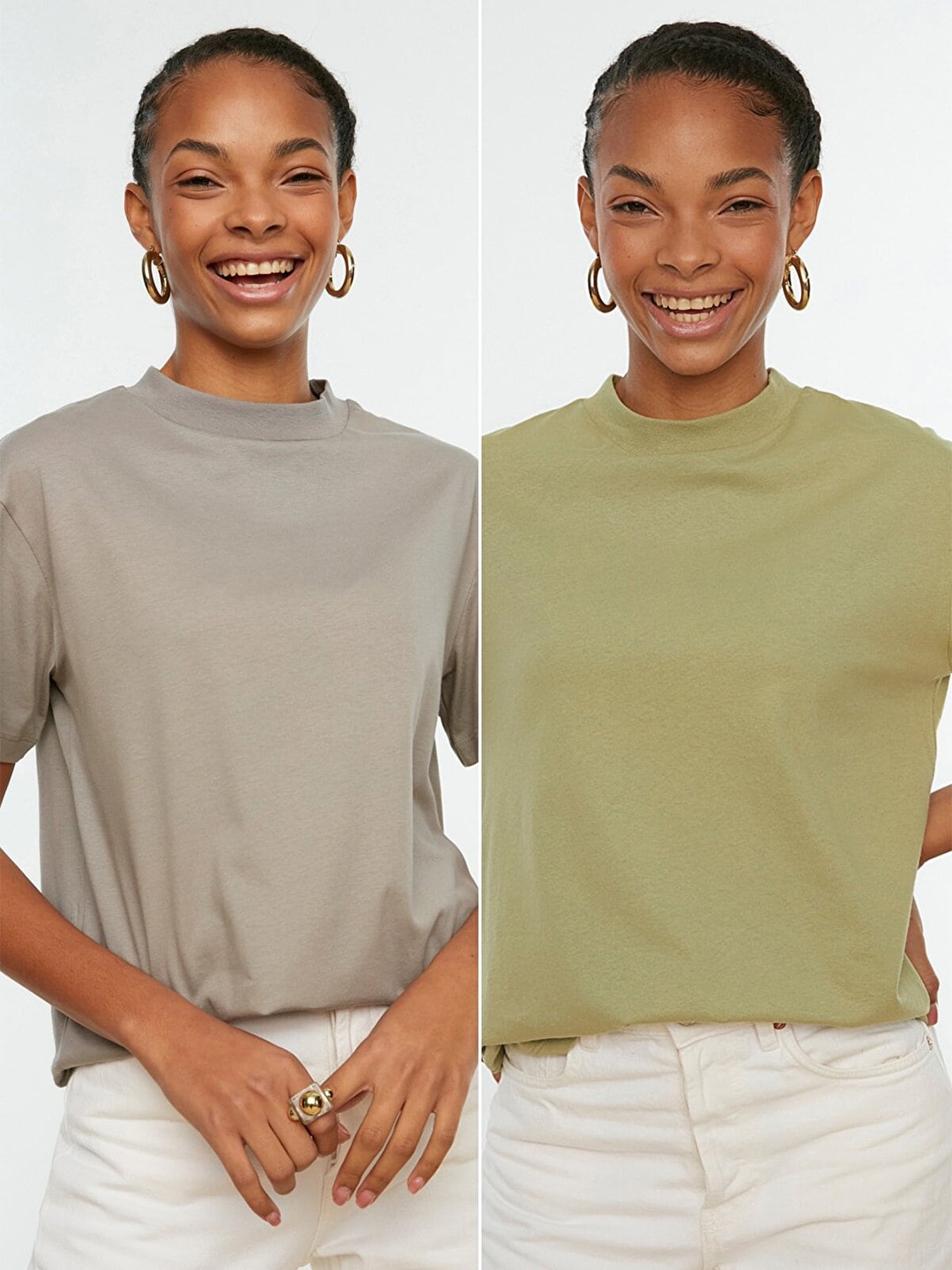 

Trendyol Women Pack of 2 High Neck Cotton T-shirt, Olive