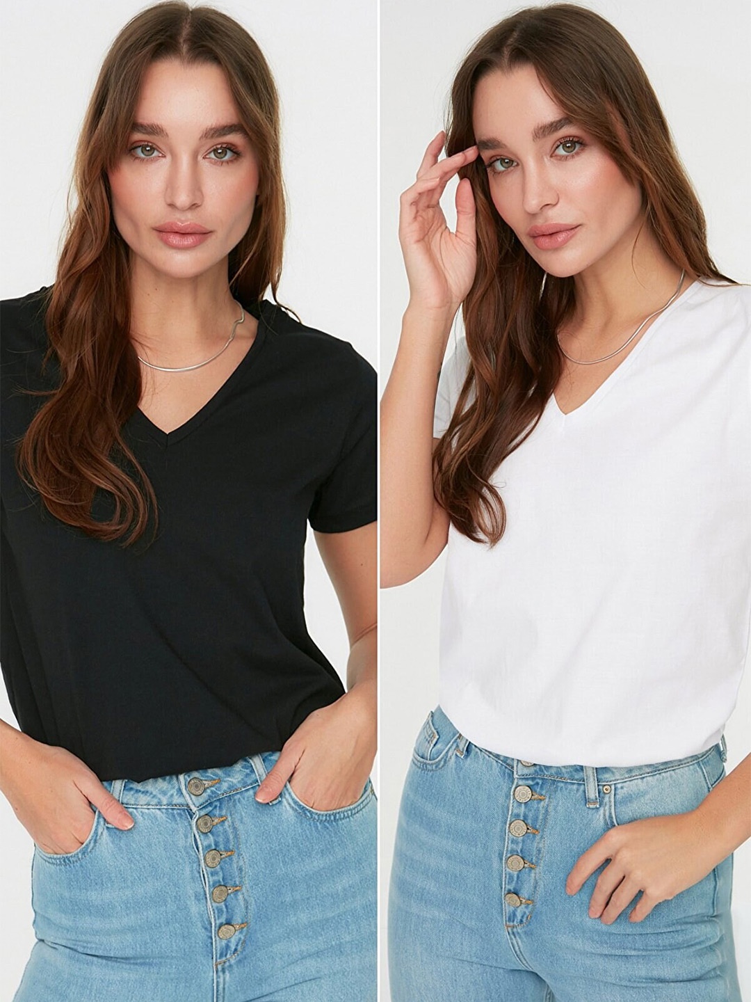 

Trendyol Women Set Of 2 V-Neck T-shirt, Black