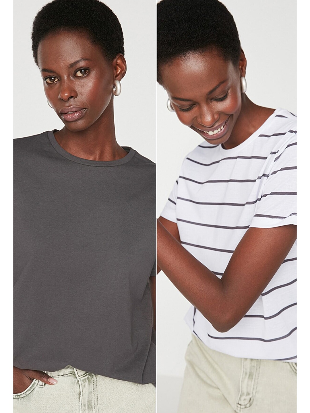 

Trendyol Women Cotton Striped Short Sleeves T-shirt, Grey
