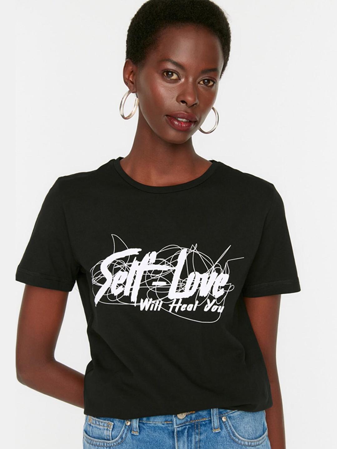 

Trendyol Women Cotton Printed T-shirt, Black