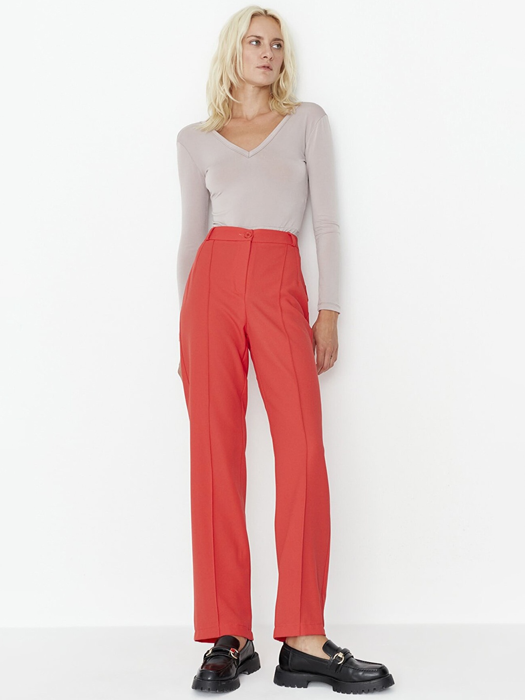 

Trendyol Women Mid-Rise Parallel Trousers, Red