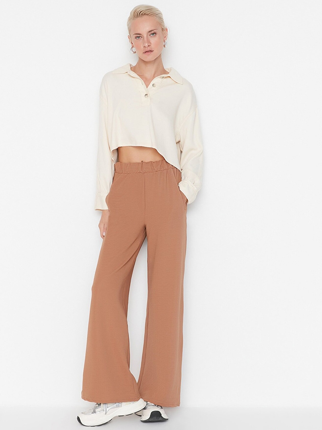 

Trendyol Women Solid Regular Fit Bootcut Trousers, Camel brown