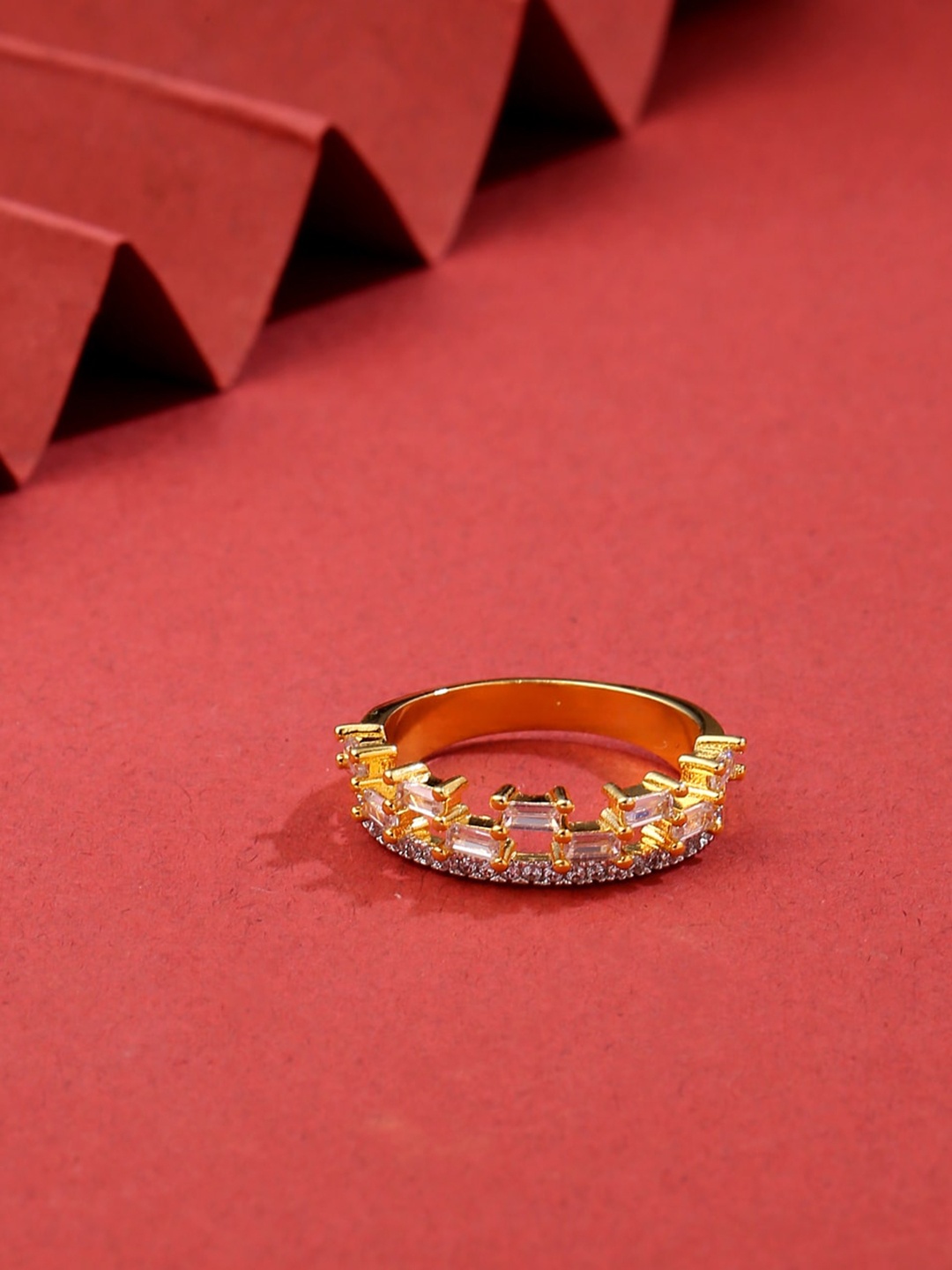 

Tistabene Baguettes Designer Gold-Plated Two-Toned Stone-Studded Finger Ring