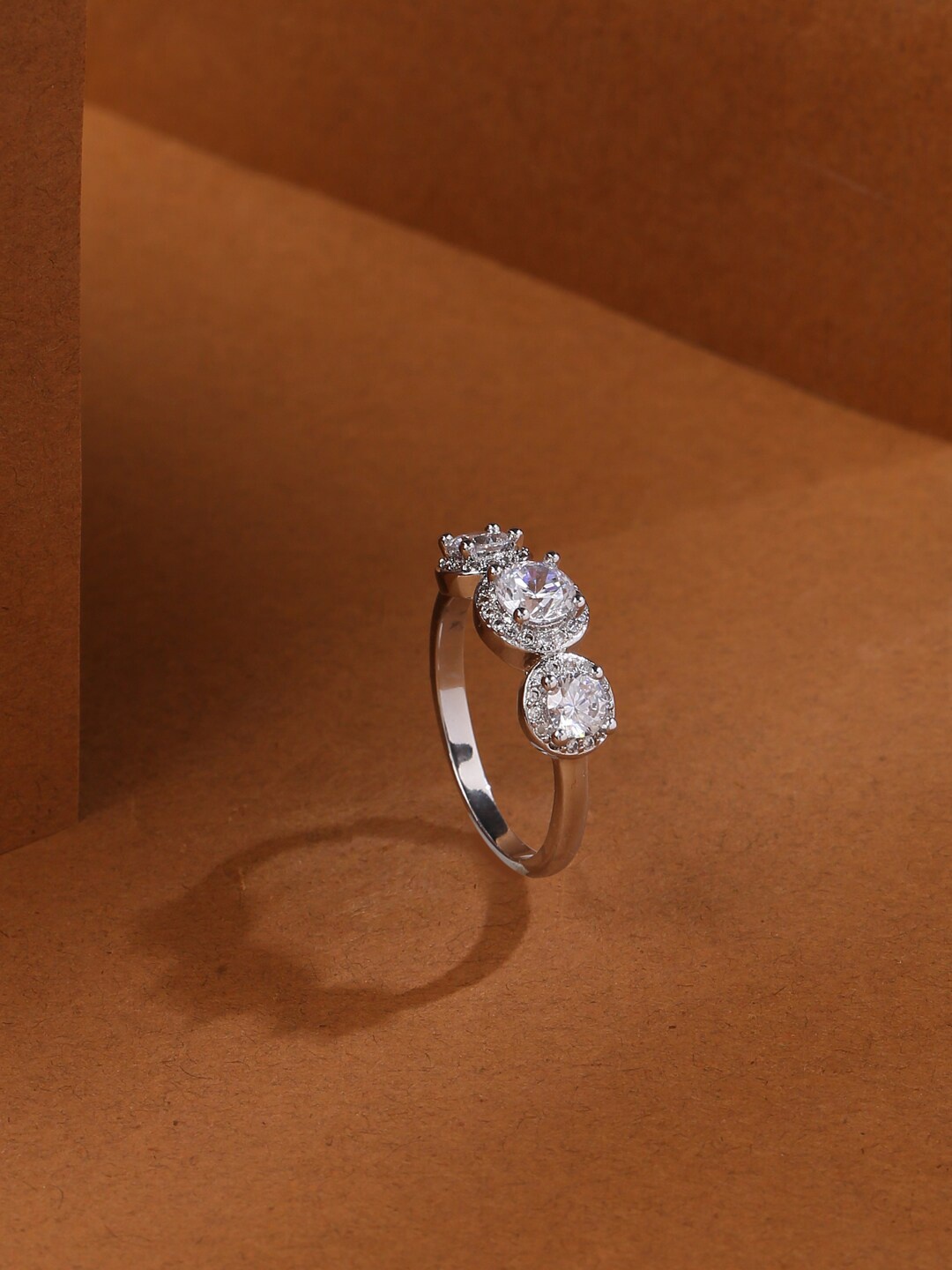 

Tistabene Rhodium-Plated Stone Studded Trilogy Finger Ring, Silver
