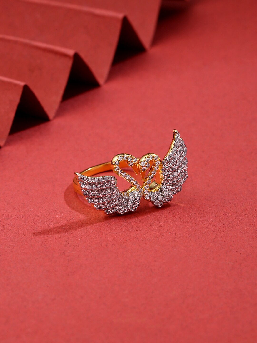 

Tistabene Gold-Plated Stone Studded Swan Couple Shaped Finger Ring