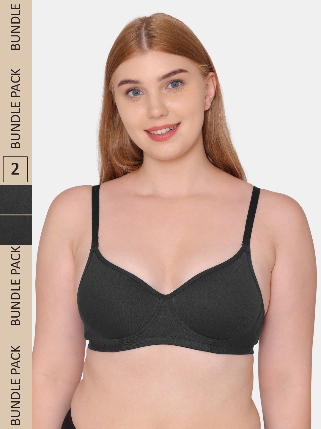 

KOMLI Pack of 2 Lightly Padded Non-Wired Cotton Bra, Black