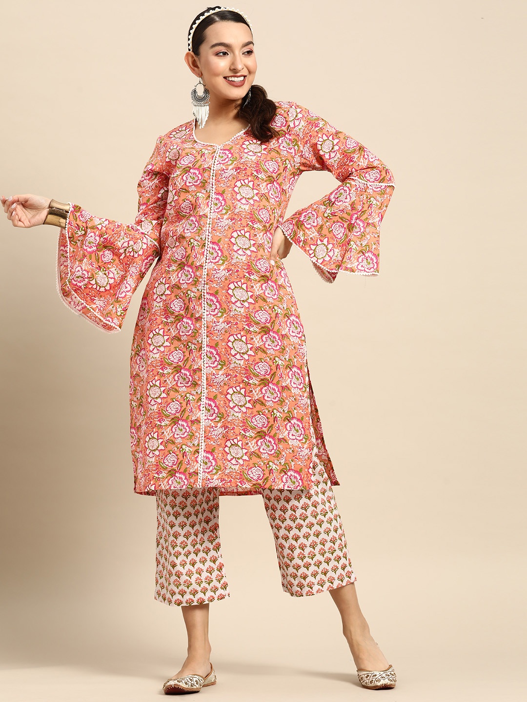 

Sangria Women Ethnic Motifs Printed Pure Cotton Kurti With Trousers, Orange