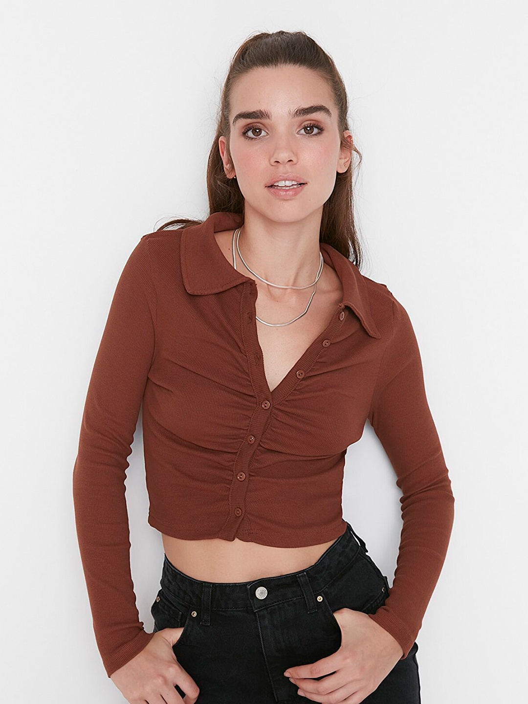 

Trendyol Shirt Style Ruched Crop Top, Brown