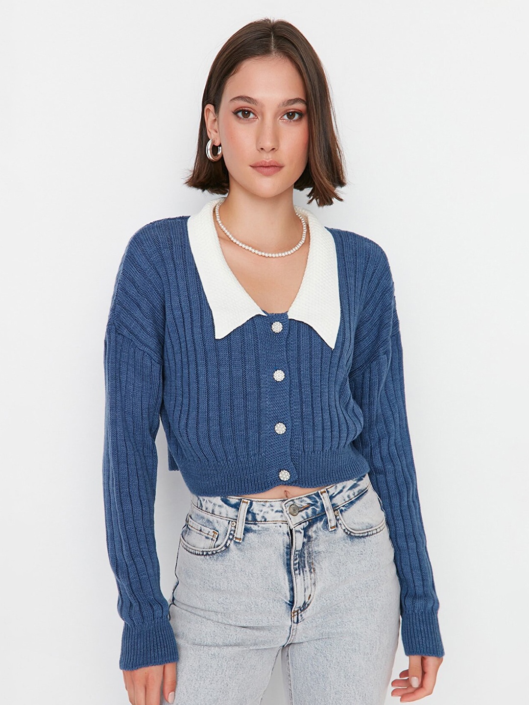 

Trendyol Shirt Style Knitted Crop Top, Blue