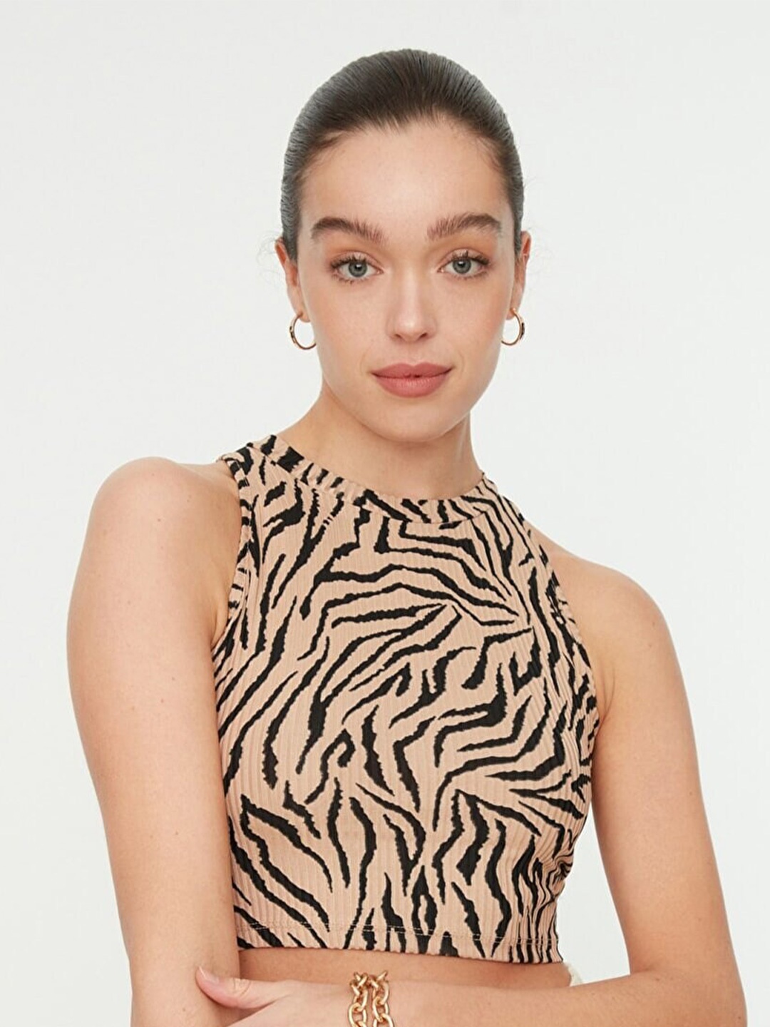 

Trendyol Animal Print Crop Top, Camel brown