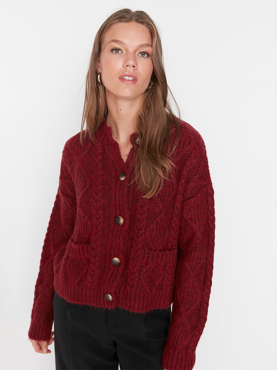 

Trendyol Women Acrylic Cardigan, Burgundy