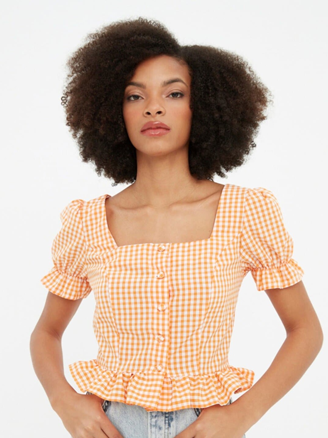 

Trendyol Puffed Sleeves Checked Crop Top, Coral