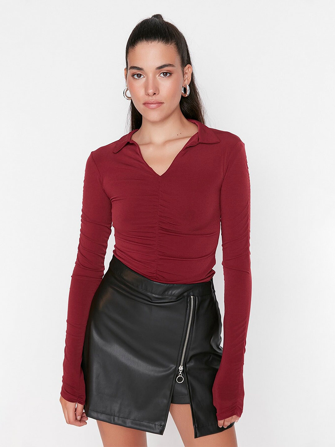 

Trendyol Shirt Collar Long Sleeves Top, Burgundy