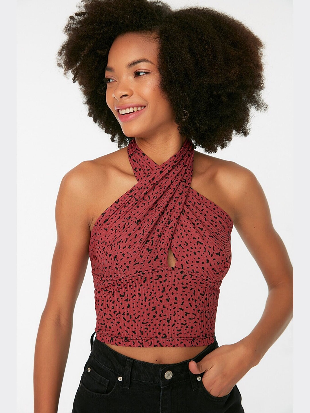 

Trendyol Animal Print Halter Neck Crop Top, Maroon
