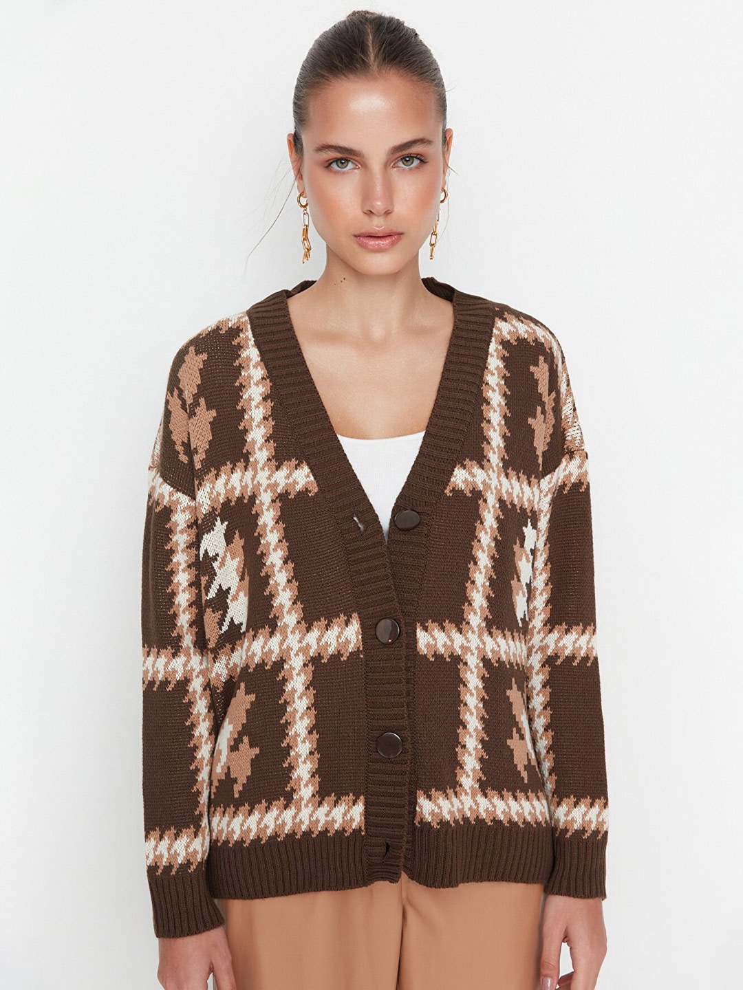 

Trendyol Women Checked Acyrlic Sweater, Brown