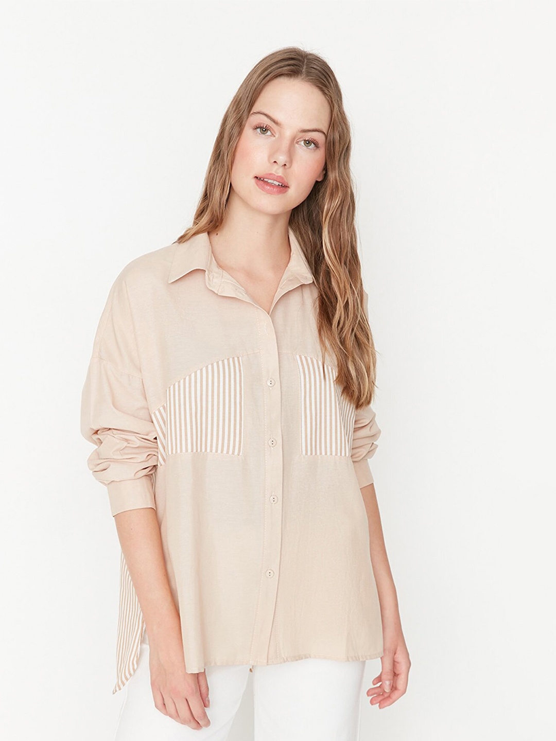 

Trendyol Women Cotton Striped Casual Shirt, Beige