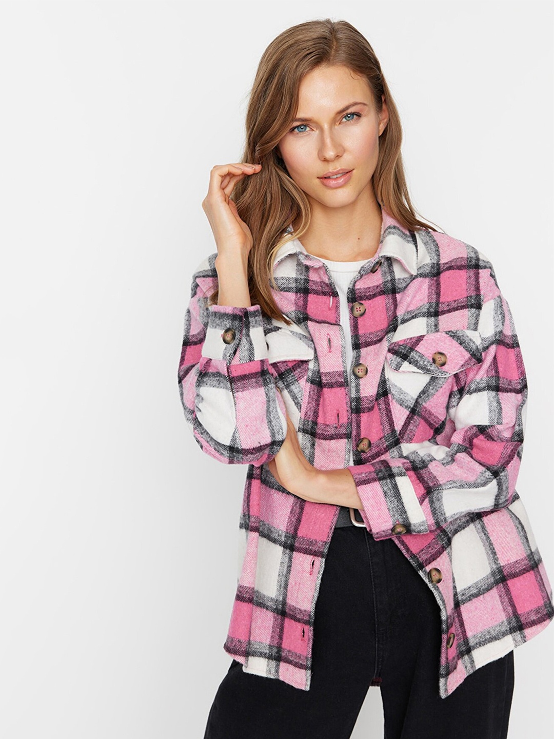

Trendyol Women Cotton Checked Casual Shirt, Fuchsia