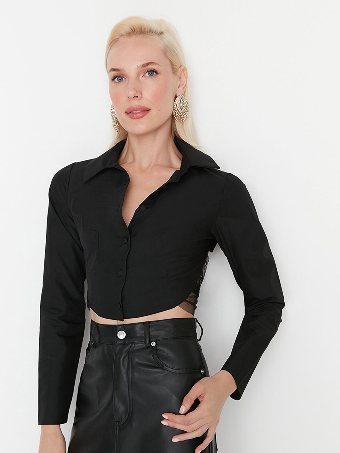 

Trendyol Shirt Style Crop Cotton Top, Black