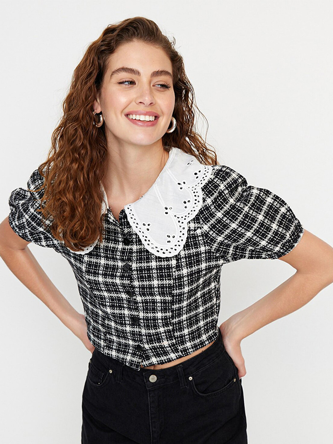 

Trendyol Women Tartan Checked Casual Cotton Shirt, Black