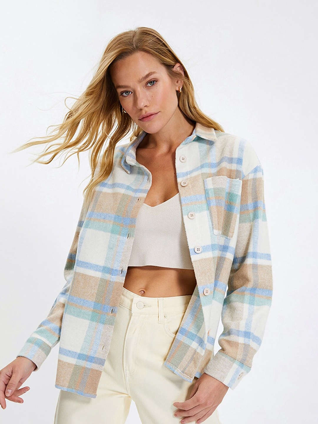 

Trendyol Women Checked Casual Cotton Shirt, Blue