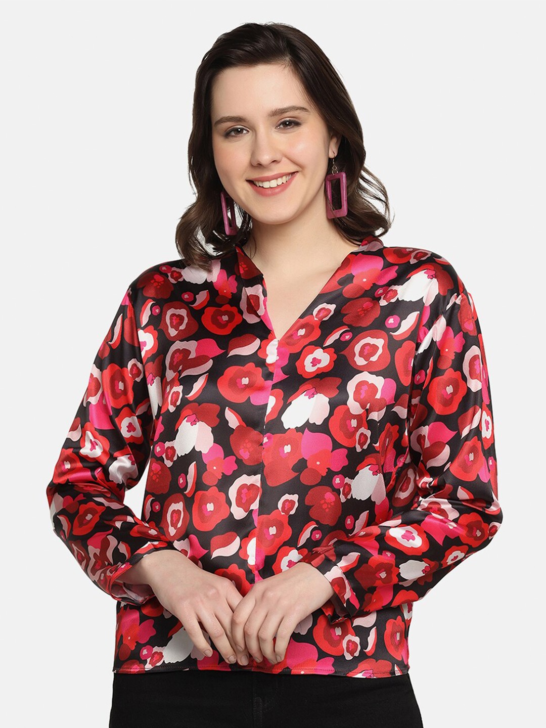 

SAKIA Women Floral Printed Casual Satin Shirt, Red