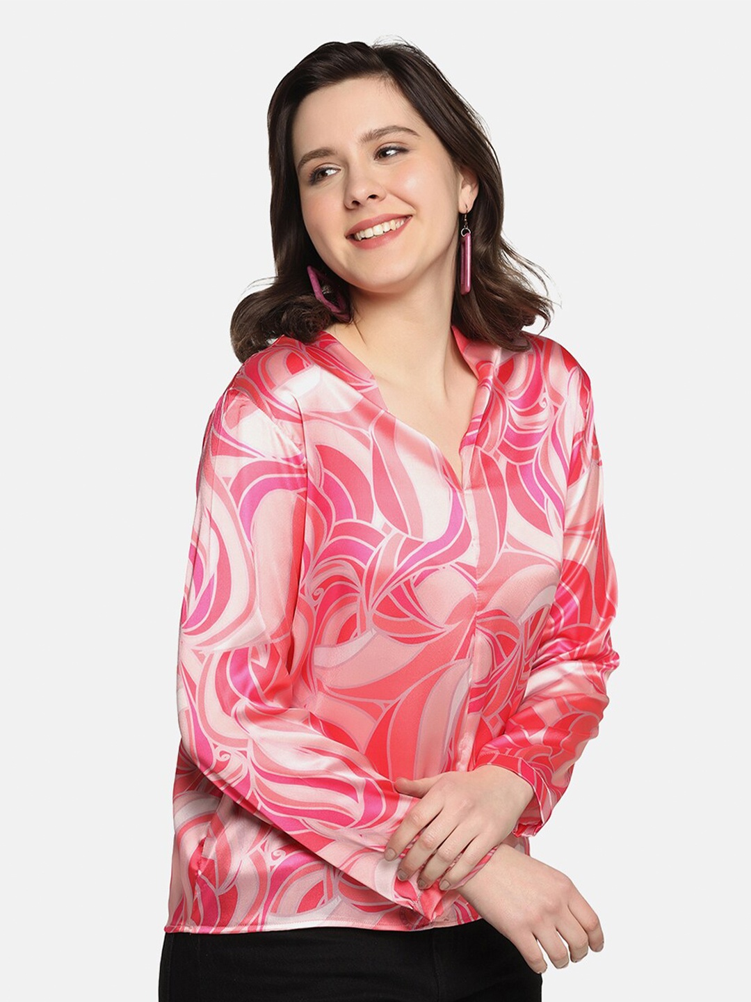

SAKIA Women Printed Casual Satin Shirt, Pink