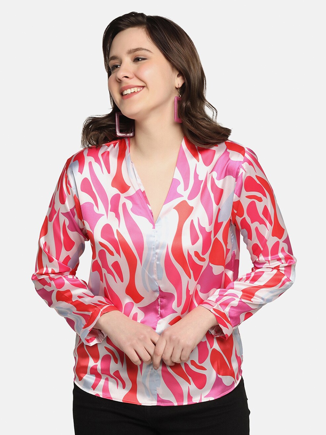 

SAKIA Women Printed Casual Satin Shirt, Pink
