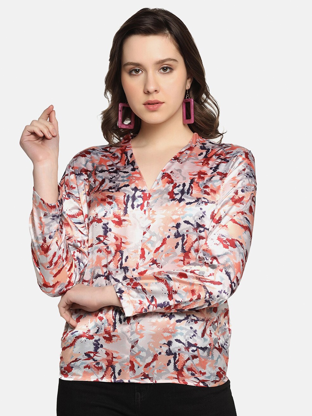 

SAKIA Print Satin Shirt Style Top, Fuchsia